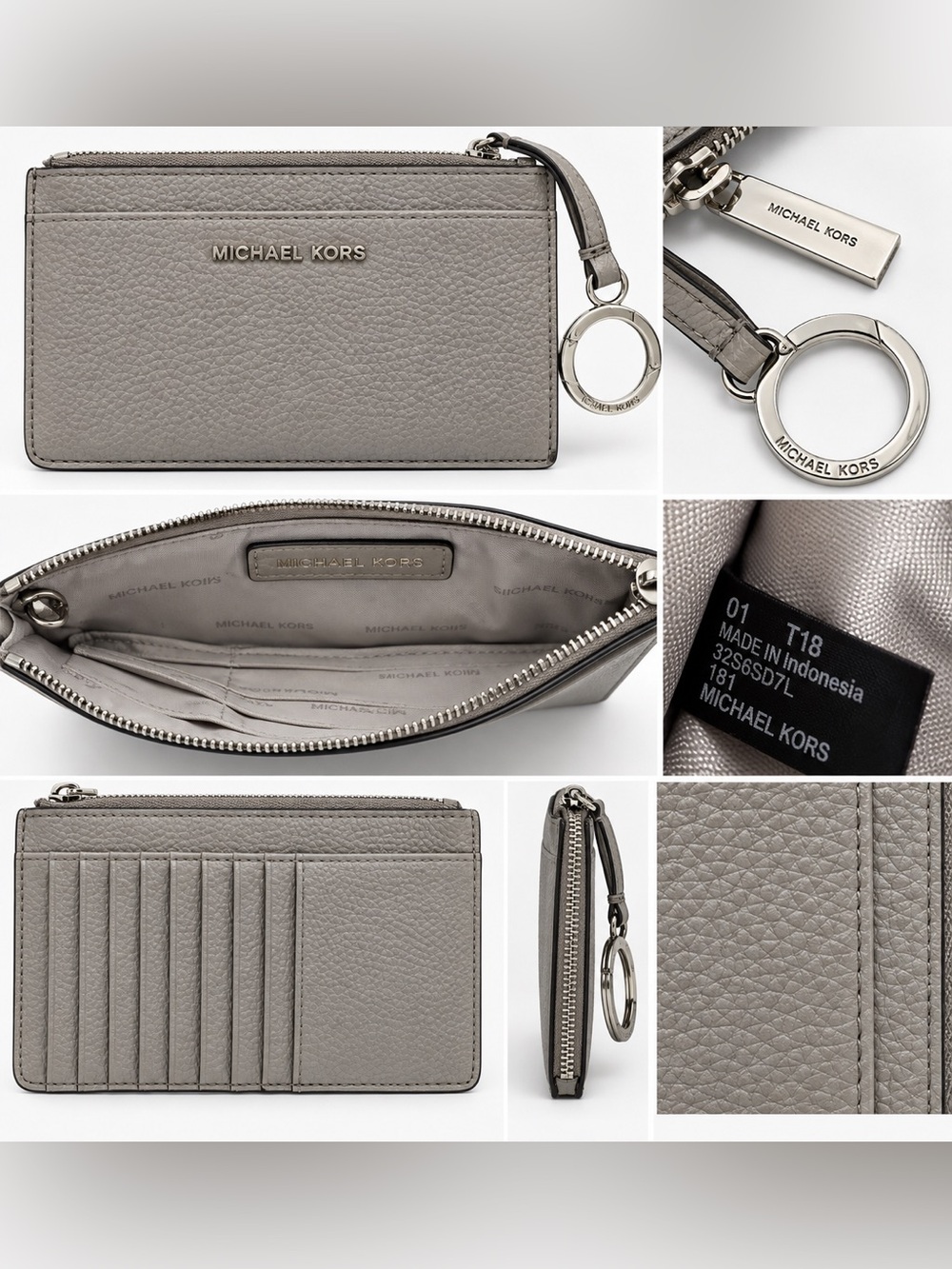 Michael Kors Large Pebbled Leather Zip Card Case Wallet Key Ring – Pearl Gray Si